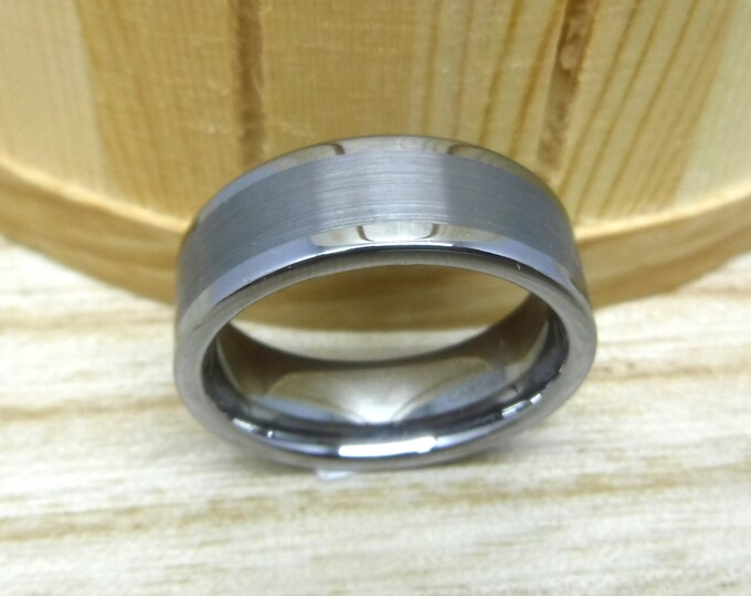 Sleek 8mm Tungsten Carbide Wedding Band, Pipe Cut Brushed Center Ring, Durable Modern Ring Gift, Unisex Jewelry Statement Dainty Ring