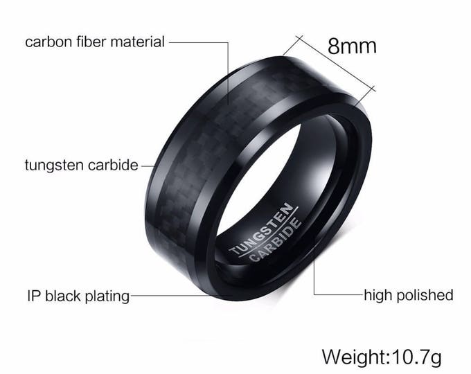 Personalized Black Tungsten Wedding Ring, 8mm Beveled Band Ring with Carbon Fiber Inlay, Custom Engraved Promise or Commitment Ring