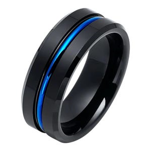 Men&#39;s Wedding Band, Custom Engraved Black Tungsten Ring, 8MM Blue Center Groove Ring, Beveled Edge Polished Finish Personalised Gift for Him