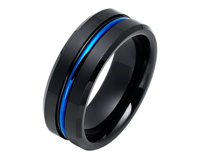Men's Wedding Band, Custom Engraved Black Tungsten Ring, 8MM Blue Center Groove Ring, Beveled Edge Polished Finish Personalised Gift for Him