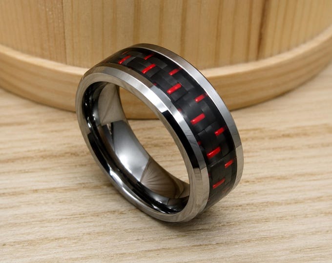 Custom Engraved Rose Gold Tungsten Ring, Red & Black Carbon Fiber Inlay Wedding Band, Unique Anniversary Ring, Modern Couple Jewelry