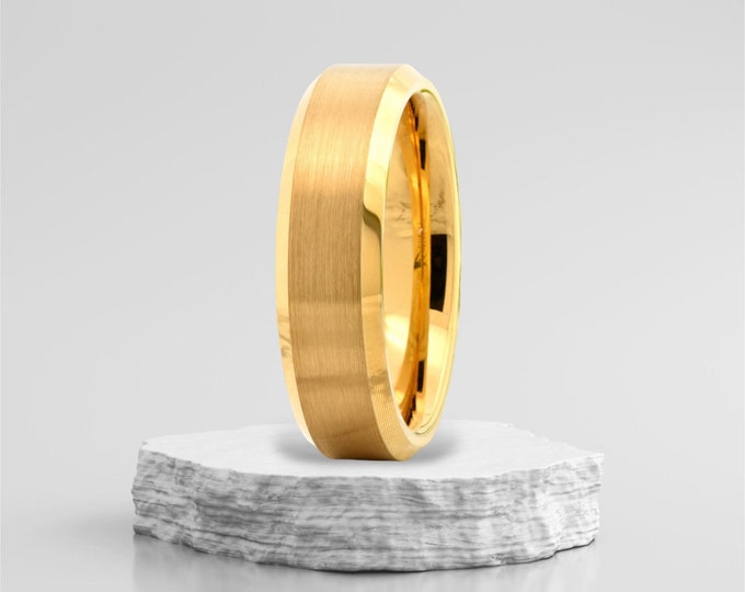Personalized Engraving - 6mm Tungsten Carbide Gold Brushed Beveled Edge | Engagement Anniversary | Wedding Band Ring for Men Or Women