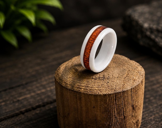Elegant White Ceramic Wedding Band with Natural Wood Inlay, 8mm Comfort Fit Ring, Personalized Engraved Wedding Ring, Couples Promise Gift