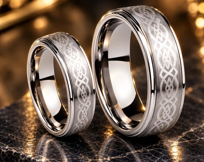 Personalized His & Hers Tungsten Carbide Wedding Bands, Celtic Loyal Knot Step Edge Rings, Custom Engraved Promise Rings, Matching Jewelry