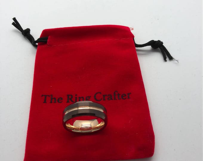 Personalised 8mm Tungsten Carbide Ring, Brown & Rose Gold Two-Tone Men's Wedding Band, Custom Engraved Beveled Edge Ring, Statement Ring
