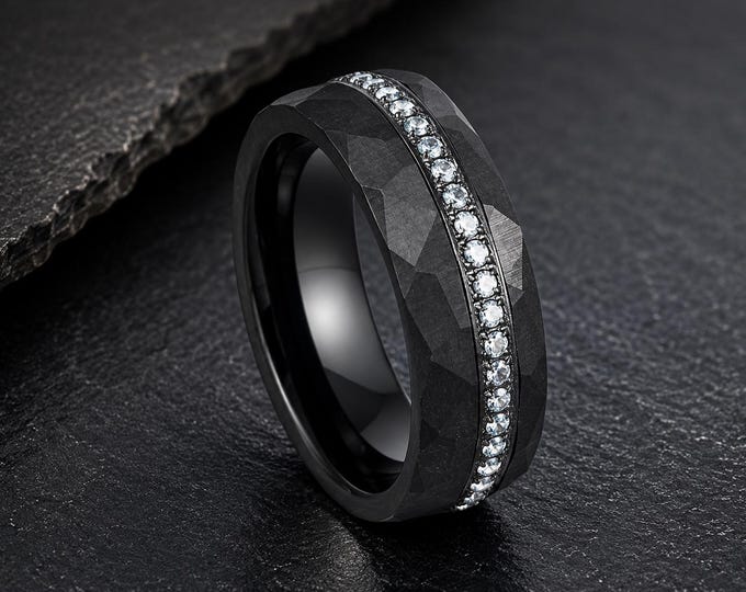 Engraved Tungsten Wedding Ring, Yellow Gold Center Band, CZ Eternity Wedding Band, Personalized Tungsten Ring, Custom Engraved Promise Ring