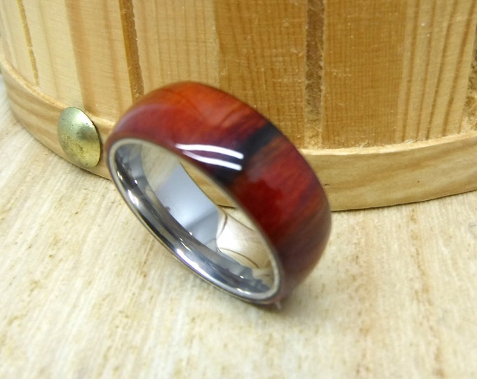 8mm Titanium Ring with Hawaiian Koa Wood, Custom Laser Engraved Dainty Ring, Dome Shape Wedding Band for Men & Women, Personalized Gift
