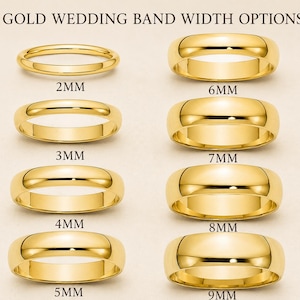 May include: A chart titled GOLD WEDDING BAND WIDTH OPTIONS displaying eight polished yellow gold rings arranged in two columns. The rings are labeled with widths of 2mm, 3mm, 4mm, 5mm, 6mm, 7mm, 8mm, and 9mm, showing the visual difference in band thickness.