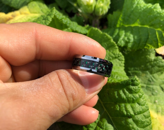 Custom Engraving - 9MM Tungsten Carbide Beveled Edge Black Green Carbon Fiber Inlay St. Patrick Wedding Band Ring for Men Or Women