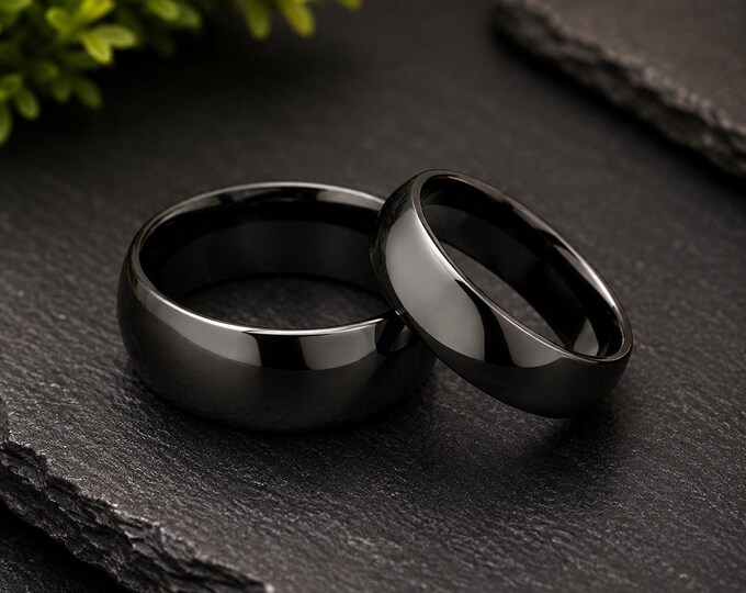 Custom Engraved Black Tungsten Wedding Band Set, Matching Couple Rings, Personalized His & Hers Anniversary Gift, Unique Wedding Jewelry