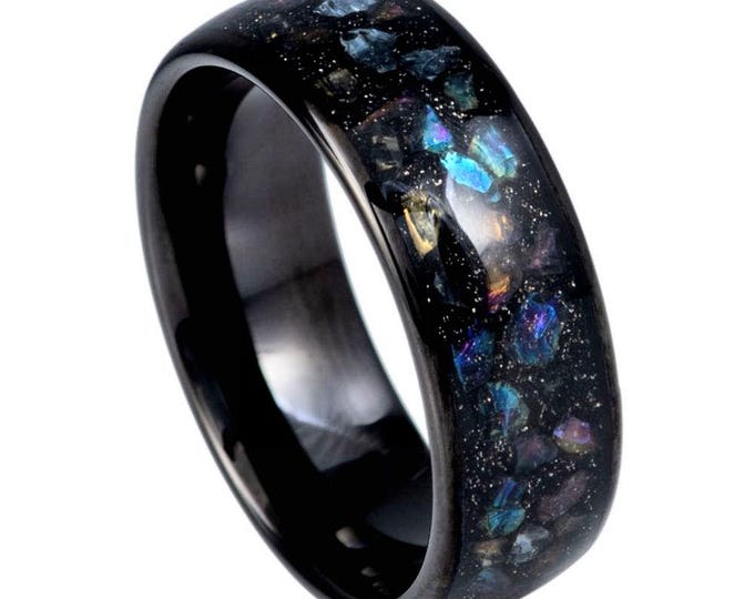 Wedding Band with Colored Stones, Custom Black Tungsten Dainty Ring, Engraved 8mm Ring for Men & Women, Unique Ring Couple’s Gift
