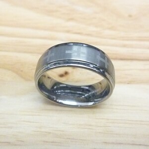 Custom Laser Engraved Tungsten Carbide Ring: 8mm Step Edge Cross Wedding Band