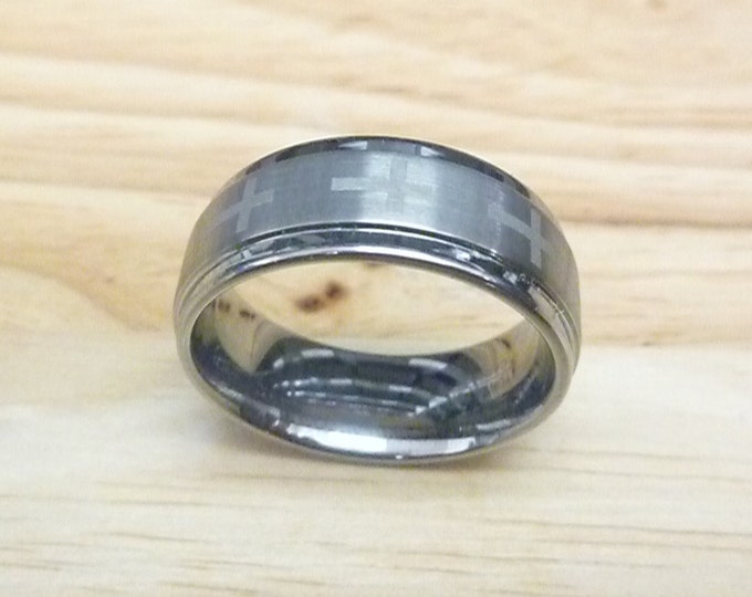 Personalized Tungsten Ring, 8mm Cross Wedding Band, Custom Laser Engraving Ring, Dainty Ring for Men & Women, Christian Promise Gift