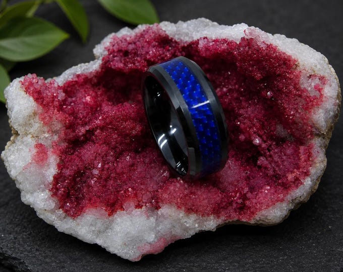 8MM Mens Black Hammered Tungsten Carbide Ring, Engraved Black Ceramic Ring, Blue Carbon Fiber Inlay Ceramic Ring, Blue Camo Inlay Band