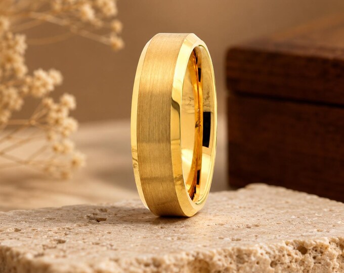 Personalized Engraved 6mm Tungsten Carbide Ring, Gold Brushed Beveled Edge Wedding Band, Custom Promise Ring, Engraving Jewelry Gift