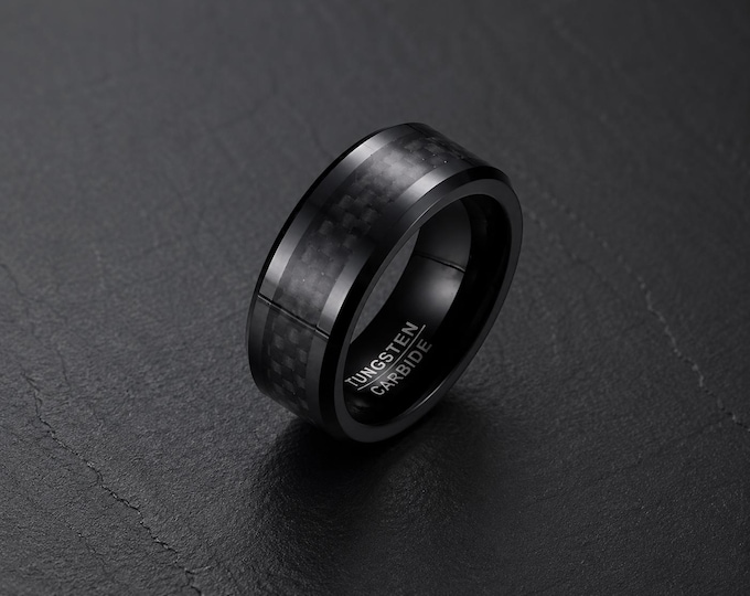 Personalized Black Tungsten Wedding Band, 8mm Carbon Fiber Inlay Ring, Custom Engraved Promise Ring, Unique Anniversary Modern Couple Ring