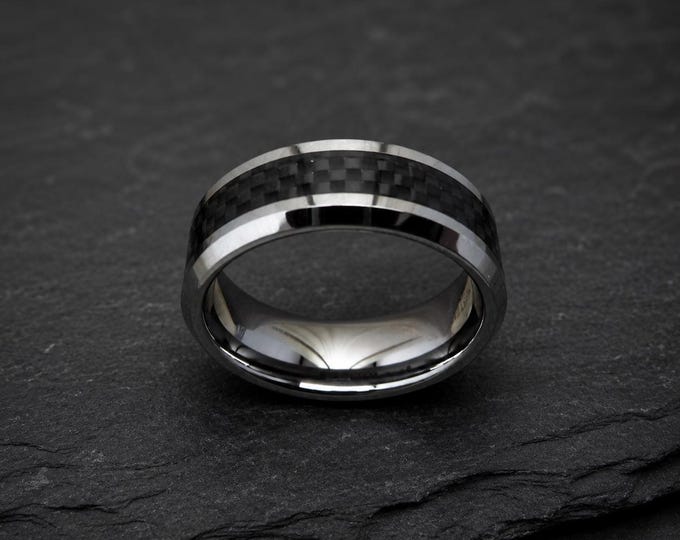 Black Tungsten Wedding Ring with Carbon Fiber Center Inlay, Personalized Engraving Band for Men, Modern Groom Ring, Couple Promise Gift