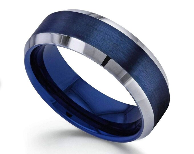 Electric Blue Tungsten Ring 9mm, Custom Engraved Statement Ring,  Brushed Beveled Edge Wedding Band for Him or Her, Anniversary Gift Ring