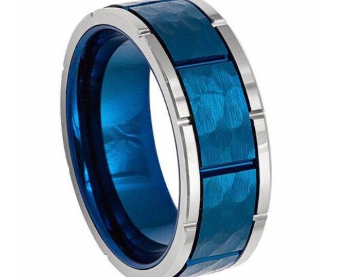 Tungsten Rings for Men, Wedding Bands for Him, Wedding Bands for Women, 8mm Blue Brushed Hammer with Grooved Silver Rings for Couples