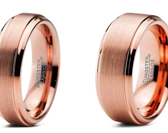 Personalized Engraving - 8mm or 6mm Brushed Tungsten Carbide Rose Gold Brushed | Engagement Anniversary | Wedding Band Ring for Men Or Women