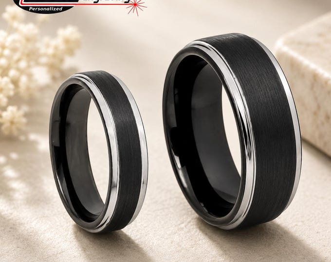 Engraved Tungsten Carbide Wedding Band Set, Black & Silver Brushed Finish Rings, Personalized Matching Couple Bands, Durable Promise Jewelry