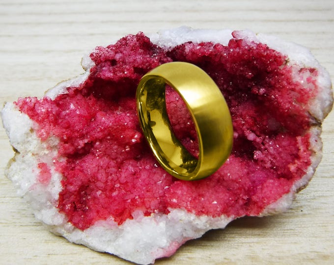 Custom Engraving - 8mm Titanium Polished Yellow Gold Plated Domed Wedding Band Ring for Men Or Women