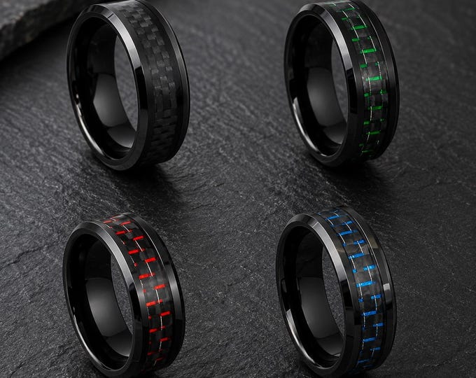 Personalized 8mm Black Tungsten Ring with Carbon Fiber Inlay, Custom Engraved Band, Blue Black Green Red Inlay Ring, Comfort Fit Ring