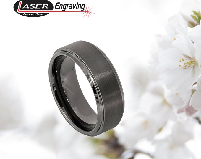 Custom Engraving - 8mm Tungsten Carbide GunMetal IP Plated Center Brushed Finish Stepped Edge Wedding Band Ring for Men Or Women