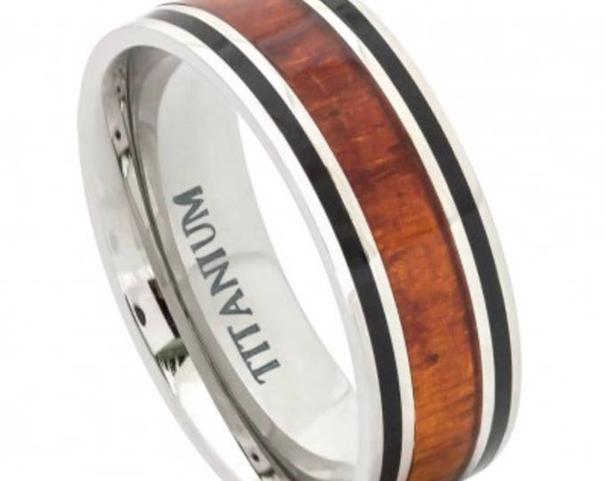 Personalized Titanium Wedding Ring, 8mm Pipe Cut Band with Koa Wood & Black Inlay, Custom Engraved Men’s Ring, Size 10 Engagement Ring