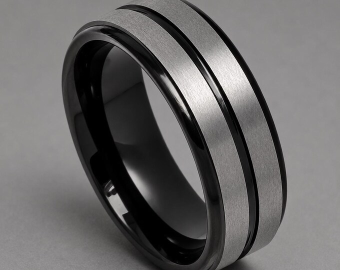 8mm Black Tungsten Carbide Wedding Band, Custom Engraved Ring, Sleek Grooved Center Ring, Polished Beveled Edge Dainty Comfort Fit Band