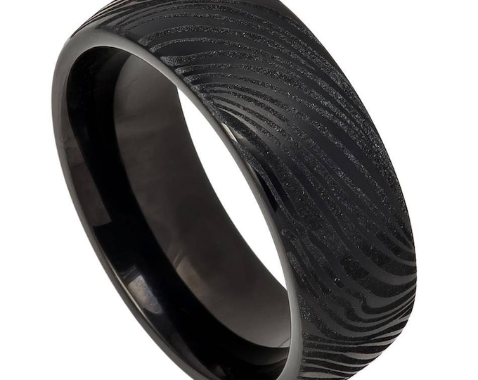Custom Engraving - 8mm Tungsten Carbide Black IP Plated Semi-Dome Laser Carved Mokume Gane EFFECT  Wedding Band Ring for Men Or Women