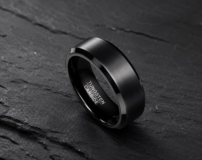 Personalized Matte Black Tungsten Carbide Ring, Custom Engraved Wedding Band, Comfort Fit Durable Anniversary Gift, Handmade Unique Jewelry