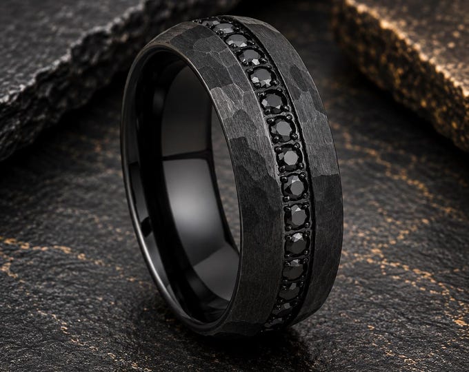 CZ Eternity Ring 8mm, Custom Black Tungsten Ring, Personalized Prong-Set Band for Wedding Anniversary or Engagement Gift for Him or Her