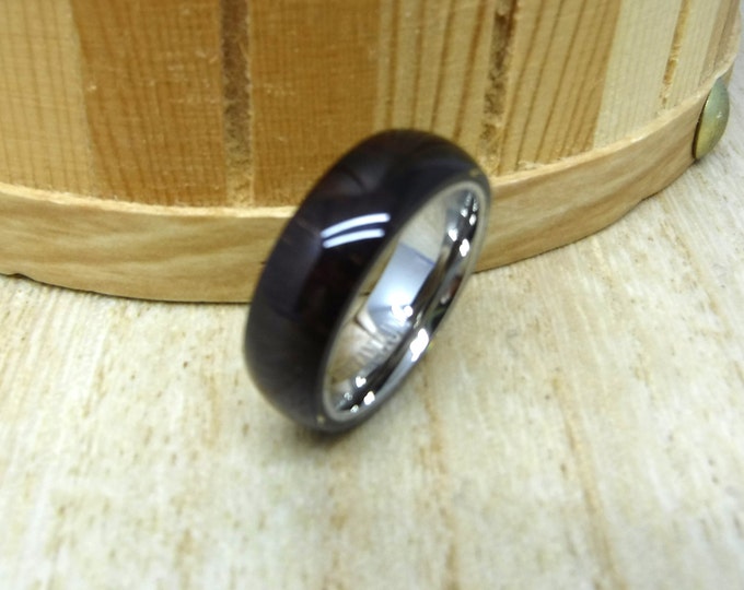 Custom Laser Engraving Ring- 6mm Titanium Dome Shape Real Dark Brown Hawaiian Koa Wood Inlay Wedding Band Ring for Men Or Women