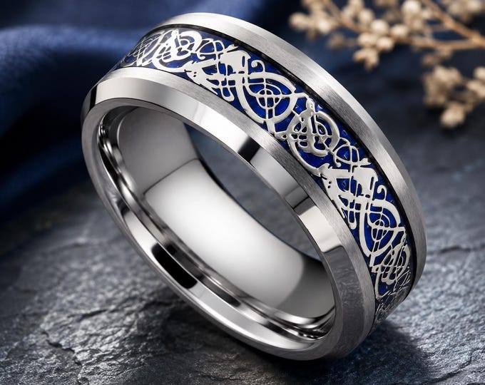 Personalized 8mm Celtic Knot Wedding Band, Engraved Tungsten Dragon Ring, Custom Mens Wedding Ring, Viking Promise Band, Comfort Fit Jewelry