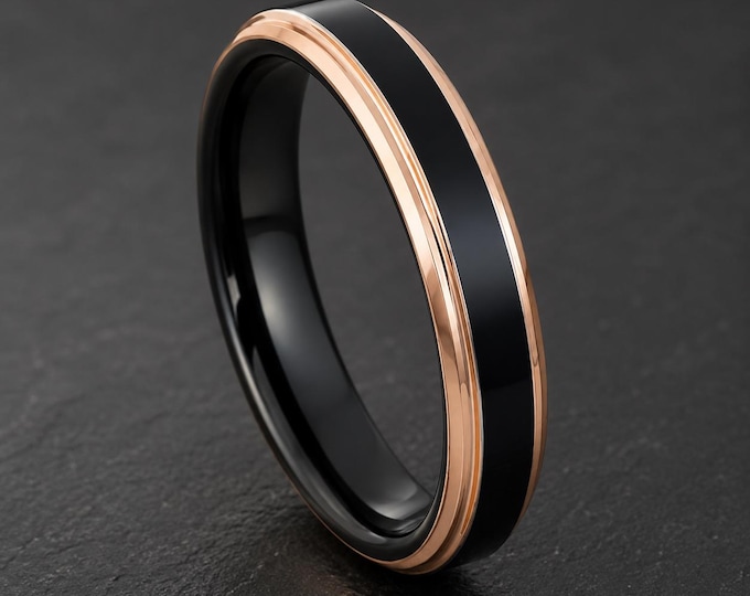 Black Two-Tone Stainless Steel Wedding Band, Brushed Center, Custom Engraved