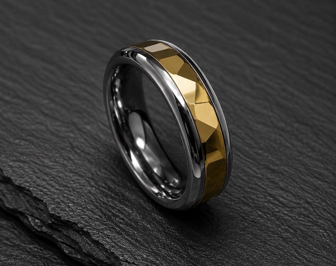Custom Engraved Tungsten Carbide Wedding Band, 6mm Gold Plated Ring, Durable Anniversary Gift Personalized Ring, Unique Groom Jewelry