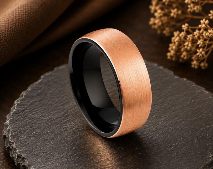 Custom Engraved Tungsten Wedding Band, Rose Gold Brushed Black Ring, Personalized His & Hers Promise Ring, Comfort Fit Anniversary Gift