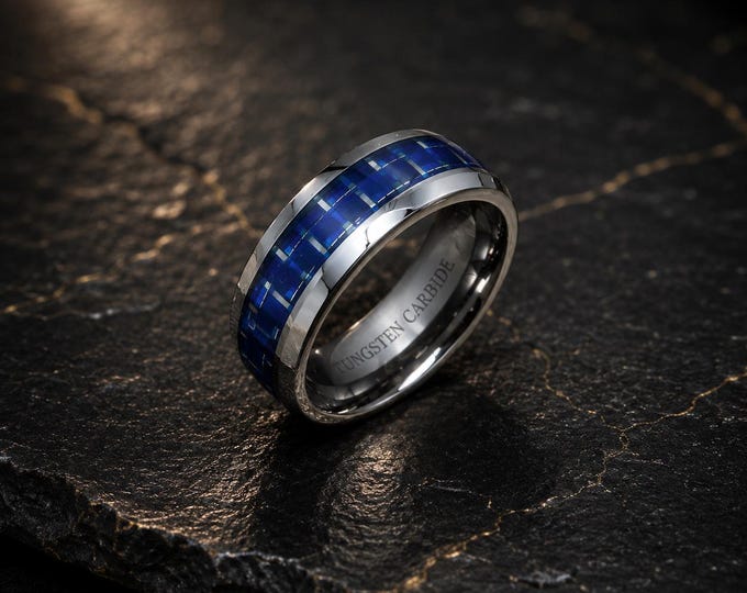 8mm Blue Carbon Fiber Tungsten Wedding Band, Custom Engraved Domed Ring, Comfort Promise Ring
