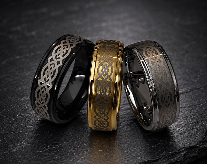 Custom Engraved Tungsten Carbide Wedding Band, Celtic Knot Ring, Personalized Statement Ring, Comfort Fit Wedding Band Anniversary Gift