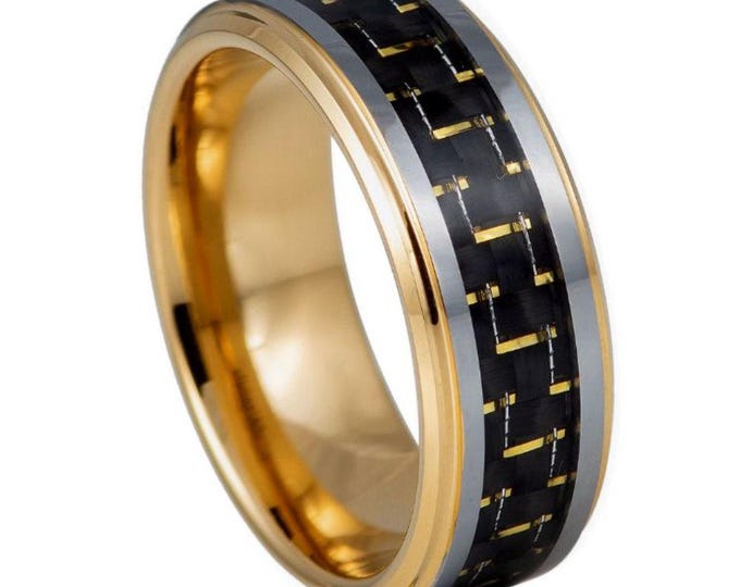 Wedding Band Ring, Custom Tungsten  promise ring, Yellow Gold IP Plated Black & Yellow Carbon Fiber Inlay Ring, Engraved 8mm Ring
