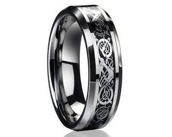 Custom Engraving - 6mm Silver Tungsten Carbide Celtic Dragon Meteorite Inlay Wedding Band Ring for Men Or Women