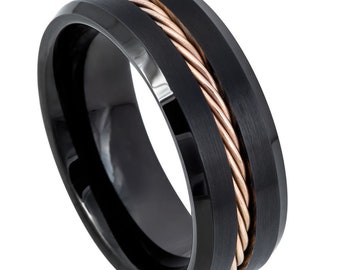 Custom Engraved Black Tungsten Ring – Rose Gold Rope Inlay Wedding Band