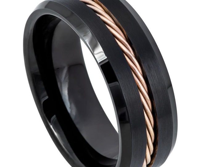Custom Engraving - 8mm Black Tungsten Carbide Rose Gold IP Plated Rope Inlay Wedding Band Ring for Men Or Women