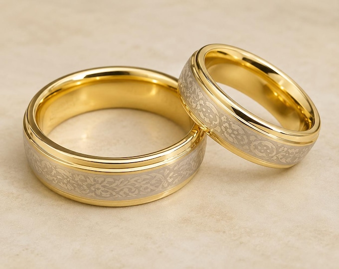 Gold Tungsten Celtic Knot Wedding Band Set, Personalized Engraved Couple Rings, His & Hers Matching Wedding Bands, Custom Comfort Fit Ring