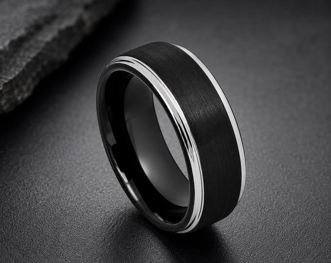 Custom Engraved Black Tungsten Ring, 8mm Matte Wedding Band for Men, Sleek Carbide Couple Ring for Women, Personalized Anniversary Gift
