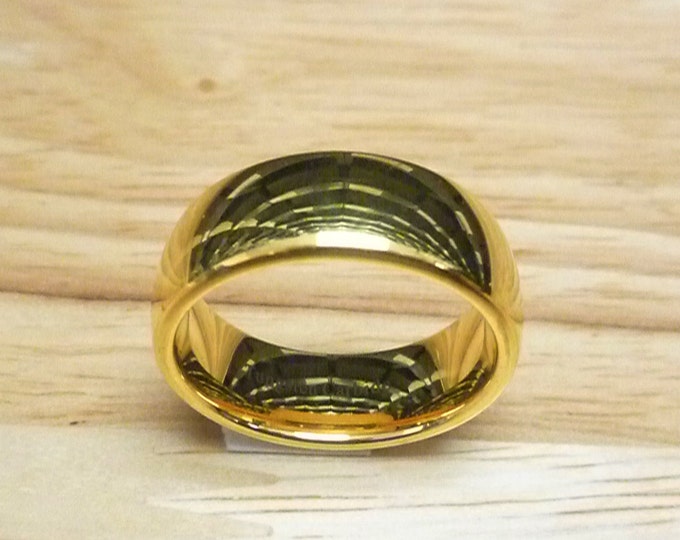 Personalized Tungsten Wedding Band, 8mm Gold Dome Ring with Custom Laser Engraving, Unisex jewelry Engagement or Anniversary Ring Gift