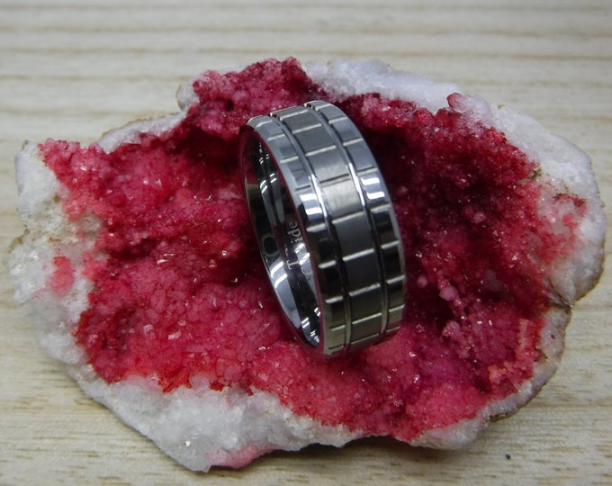 Custom Engraving - 8mm Tungsten Carbide Groove Cut Squares And Brushed Center Wedding Band Ring for Men Or Women