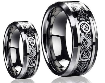 Personalized Celtic Dragon Ring, Tungsten Wedding Band Set, Custom 8mm & 6mm Engagement Ring, Black Carbon Fiber Ring for Him and Her