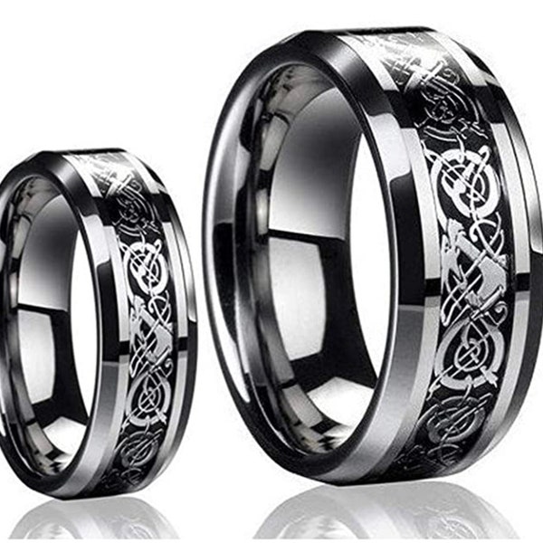 Custom Engraving  - His & Hers - 8mm/6mm Tungsten Carbide Celtic Knot Dragon Design  Black Carbon Fiber Inlay Matching Wedding Band Ring Set